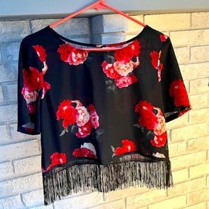 Women's Cropped Shirt, Size 8, Black/Floral